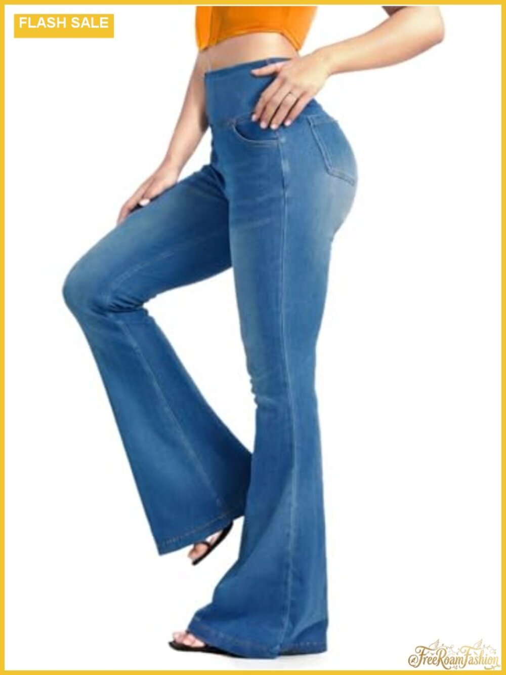 Knit Stretchy Flare Jeans High Waisted with Pockets